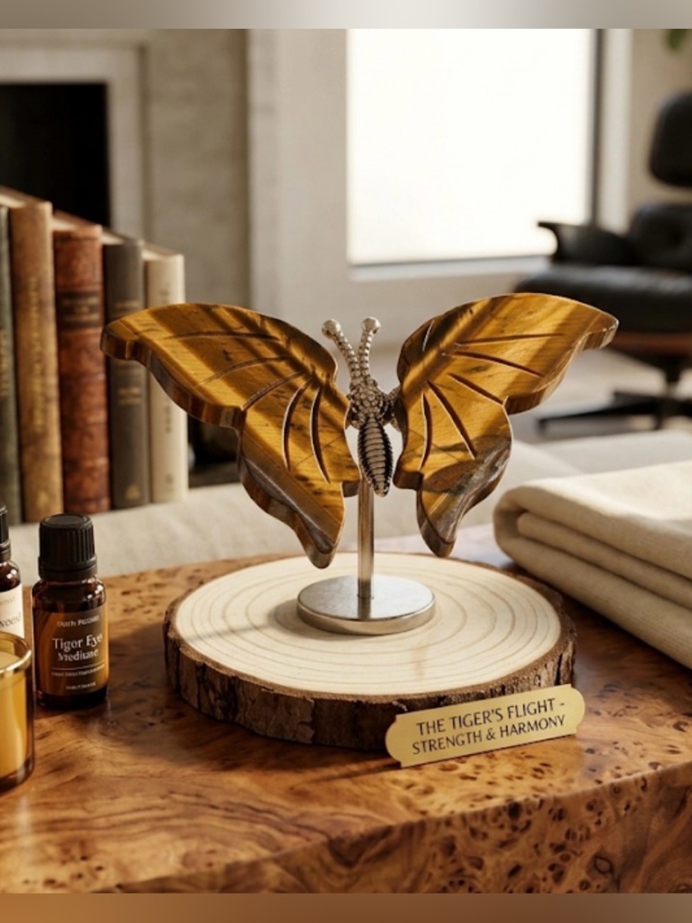 Carved Tiger’s Eye Butterfly Figurine on Metal Stand | Crystal Specimen